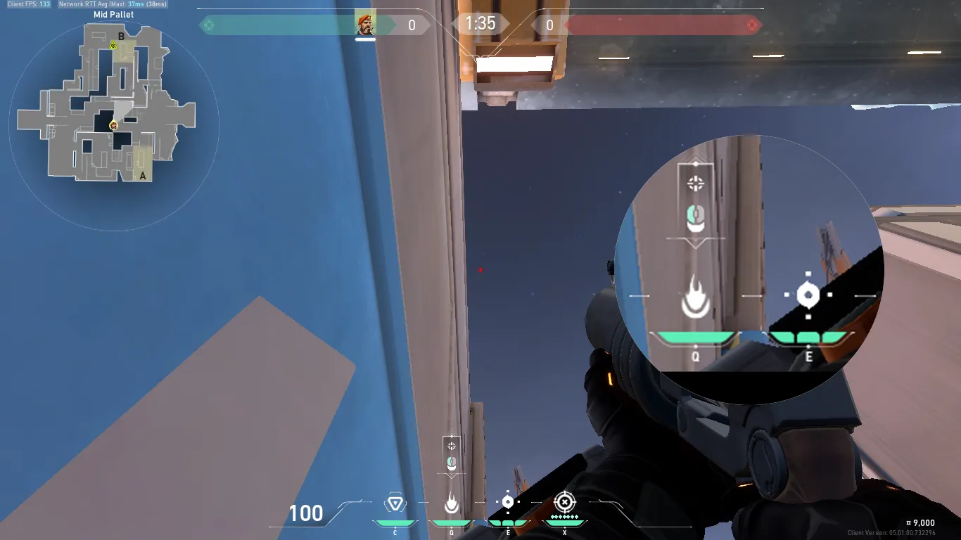 Brimstone Incendiary on Icebox Defense Site B — step 3 of 4: Aim — line up the shot