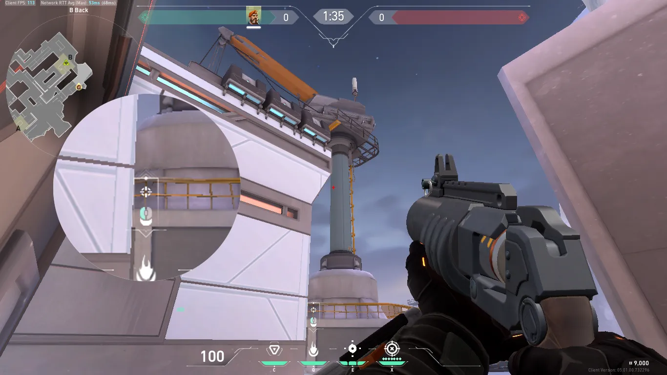 Brimstone Incendiary on Icebox Defense Site B — step 3 of 4: Aim — line up the shot