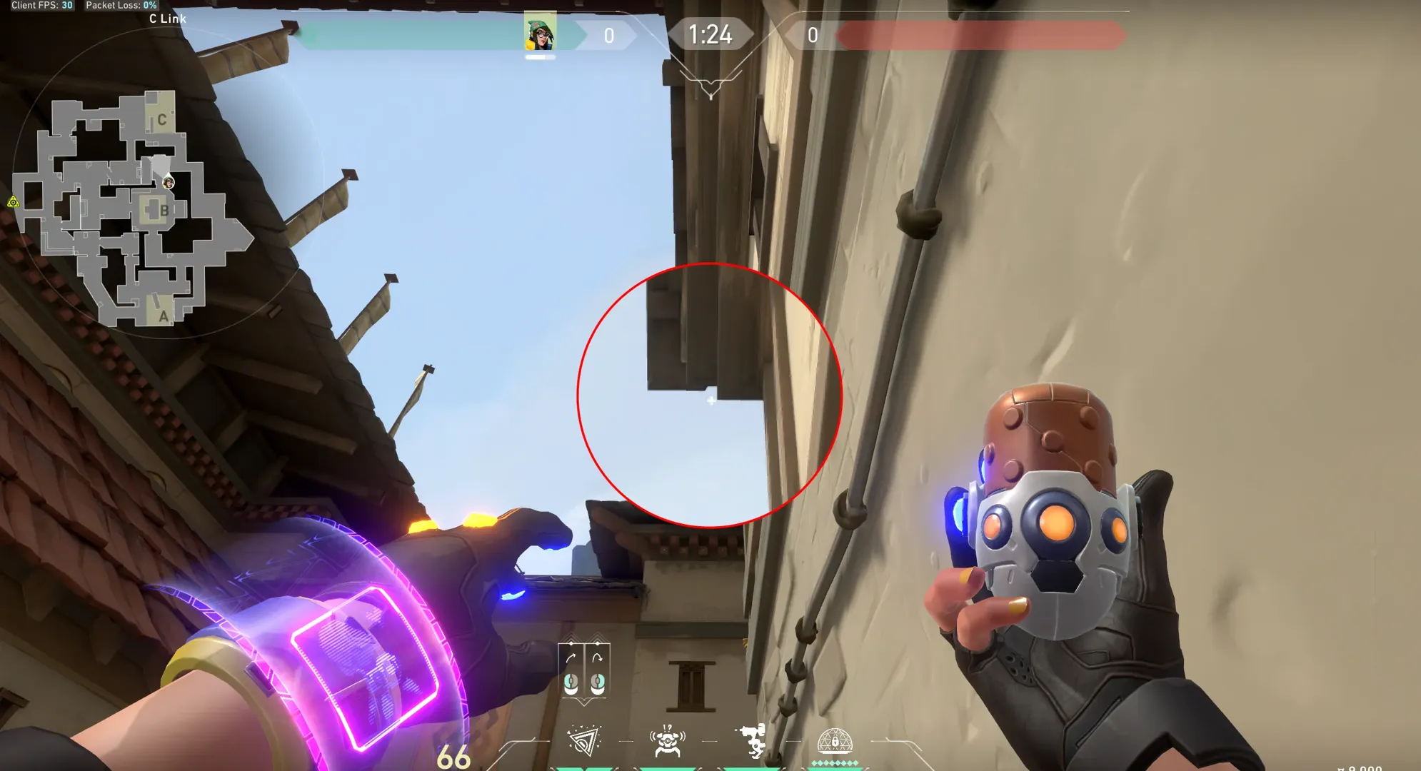Killjoy Nanoswarm on Haven Defense Site C — step 2 of 4: Aim — line up the shot