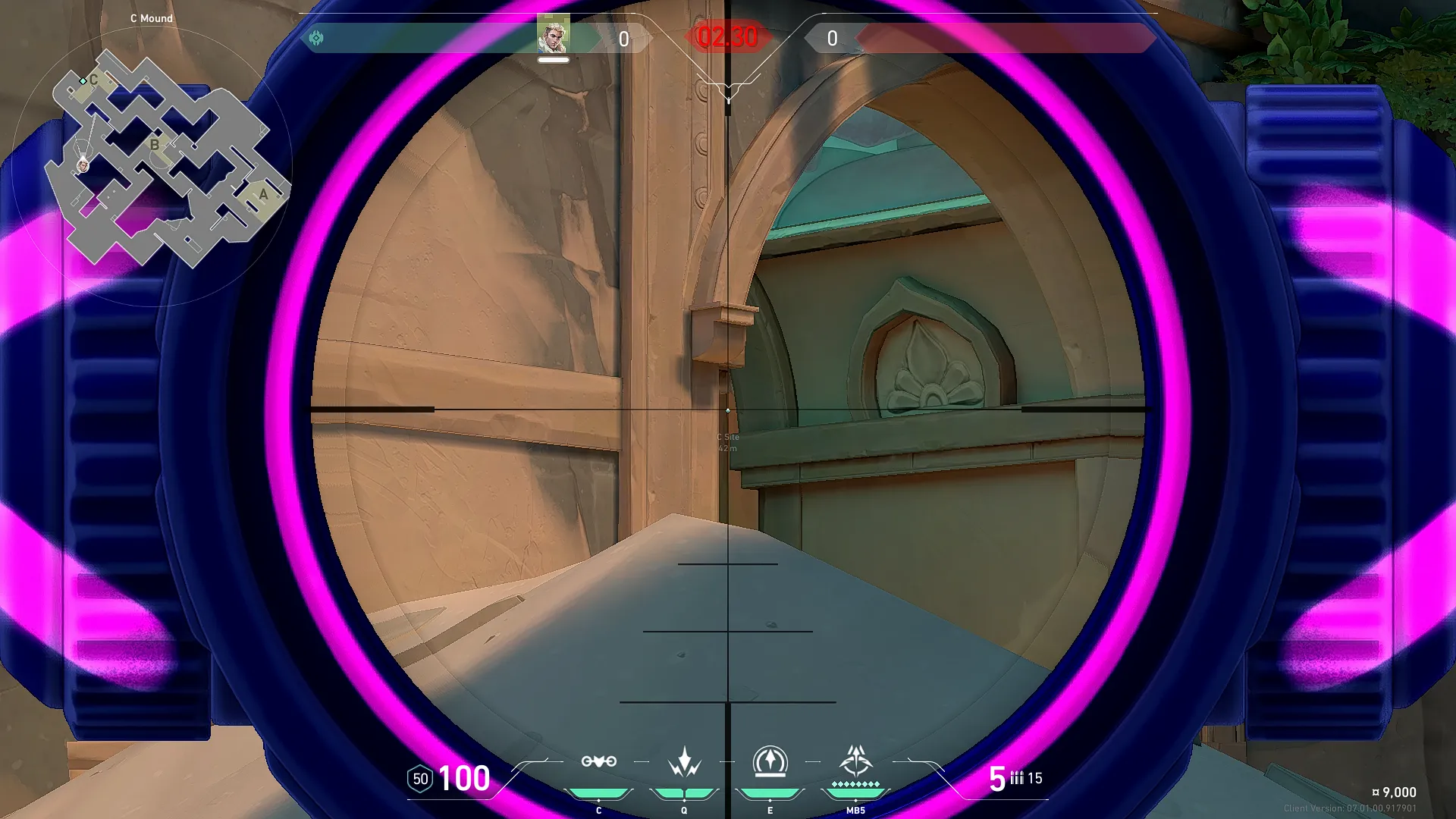 Sova Recon Bolt on Lotus Attack Site C — step 2 of 3: Aim — line up the shot