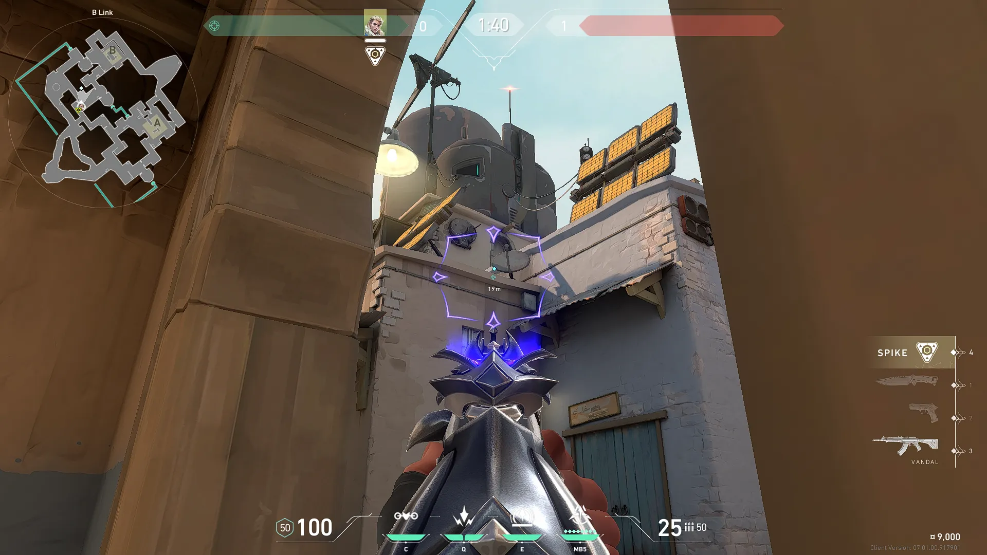 Sova Recon Bolt on Bind Attack Site B — step 2 of 4: Aim — line up the shot