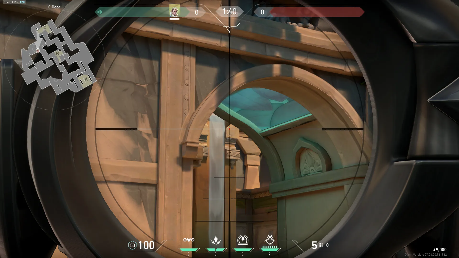 Sova Recon Bolt on Lotus Attack Site C — step 2 of 3: Aim — line up the shot