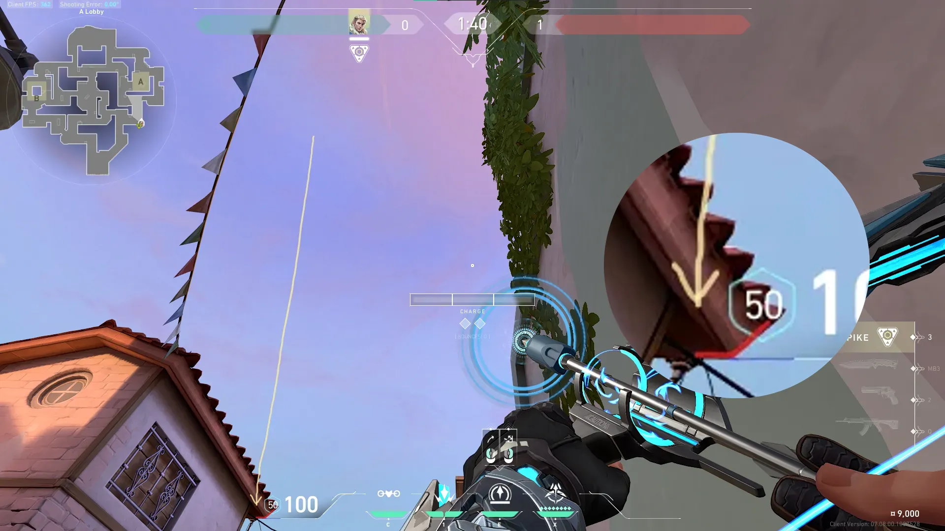 Sova Recon Bolt on Sunset Attack Site A — step 2 of 4: Aim — line up the shot