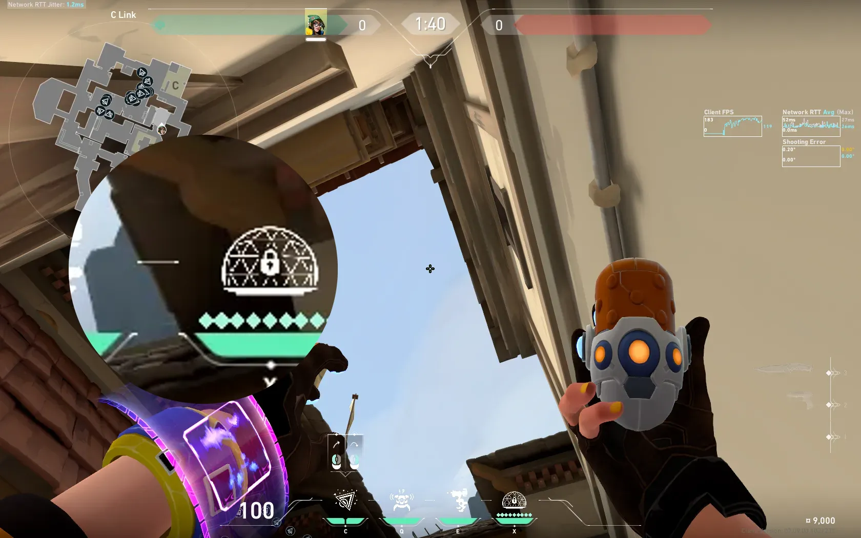 Killjoy Nanoswarm on Haven Defense Site C — step 2 of 3: Aim — line up the shot