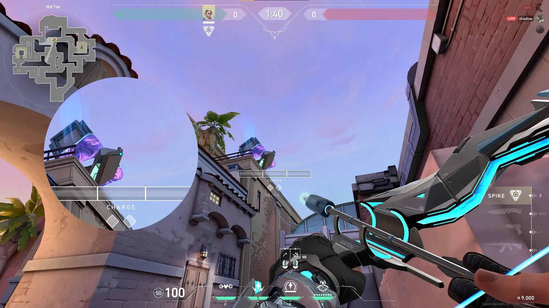 Sova Recon Bolt on Sunset Defense Site B — step 2 of 3: Aim — line up the shot