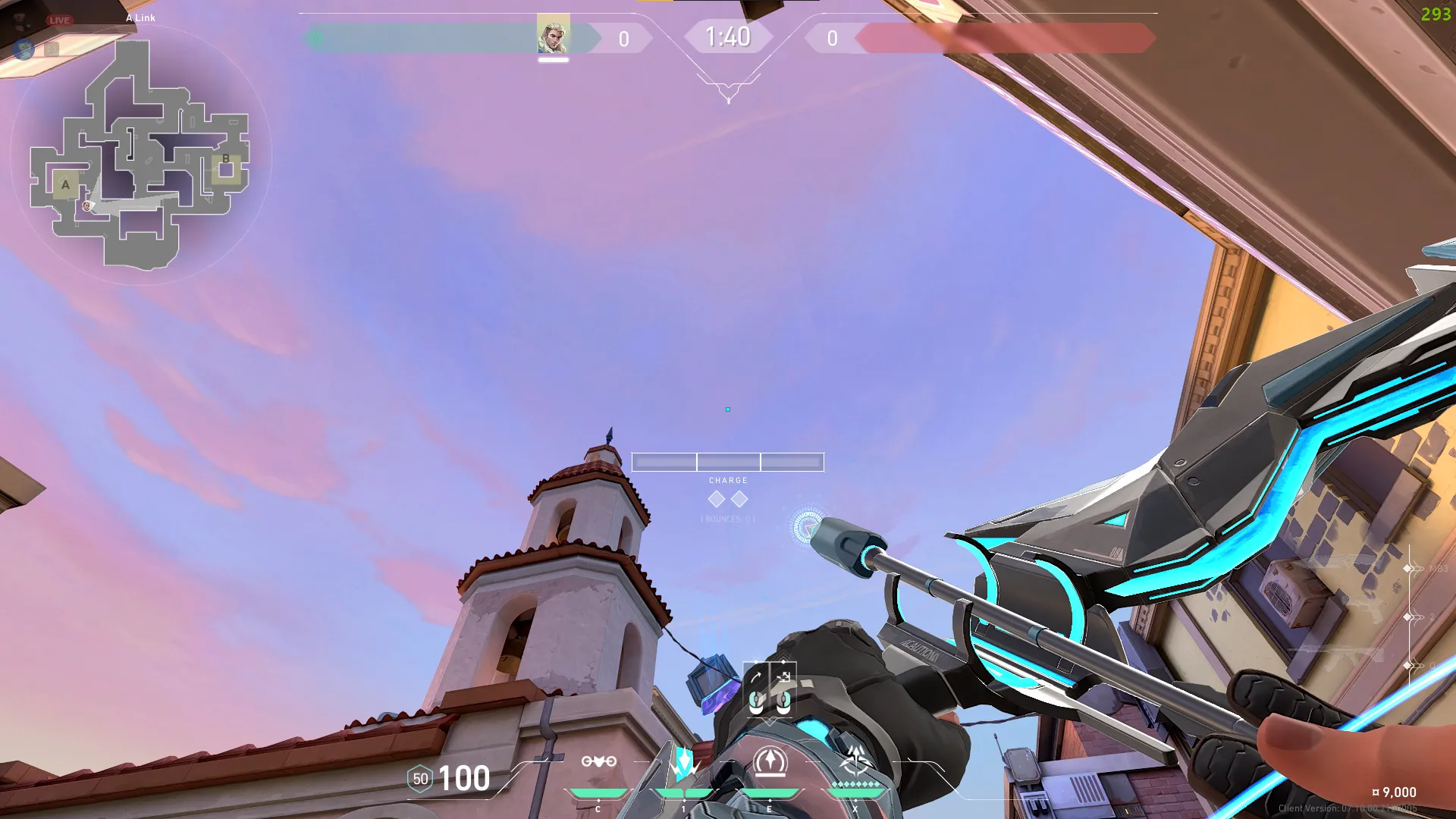 Sova Recon Bolt on Sunset Defense Site B — step 2 of 3: Aim — line up the shot