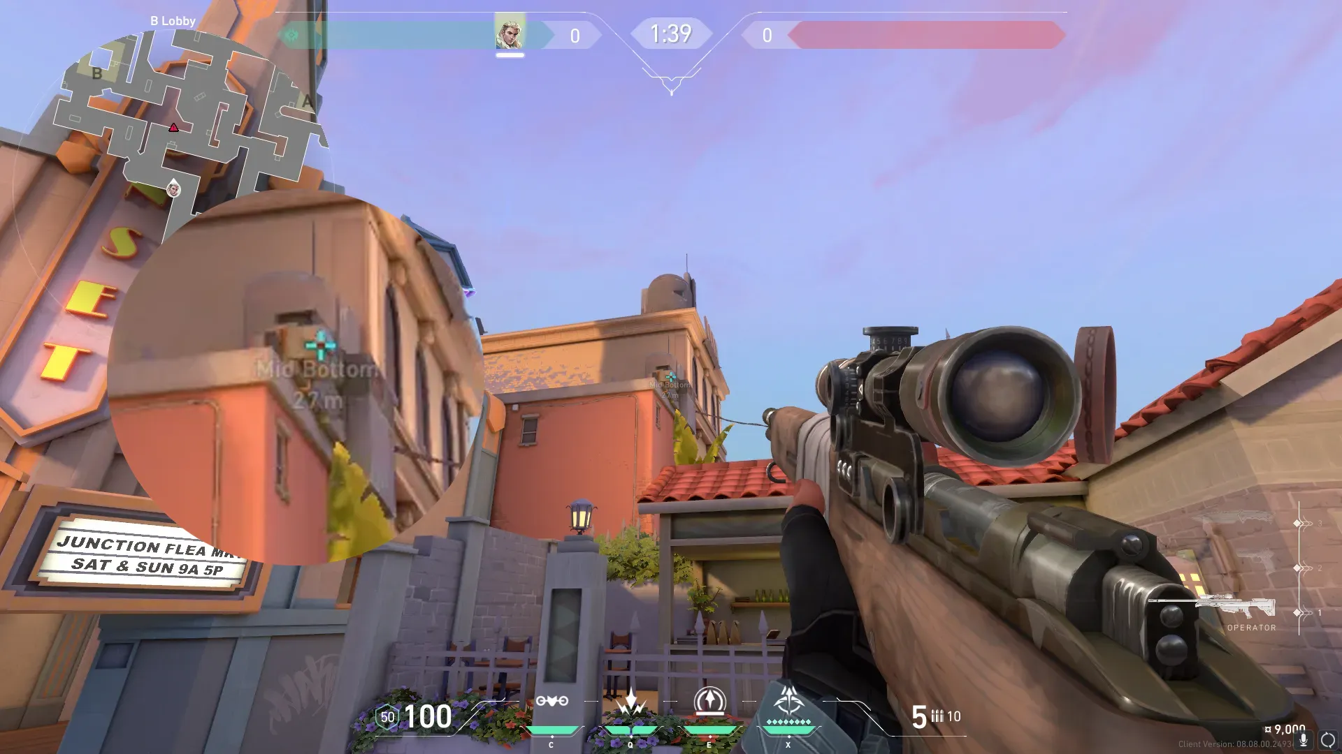 Sova Recon Bolt on Sunset Attack Site B — step 2 of 3: Aim — line up the shot