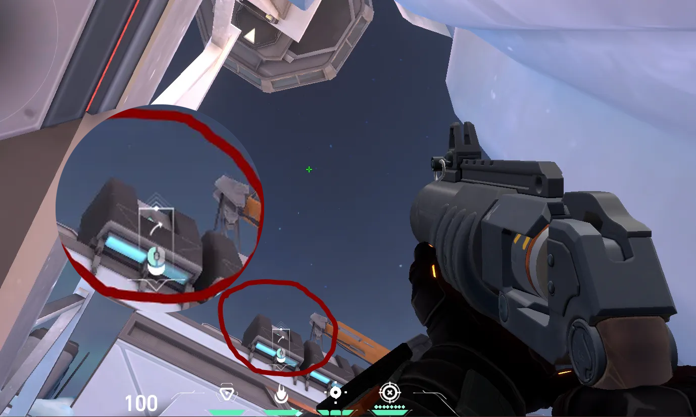 Brimstone Incendiary on Icebox Attack Site B — step 2 of 3: Aim — line up the shot