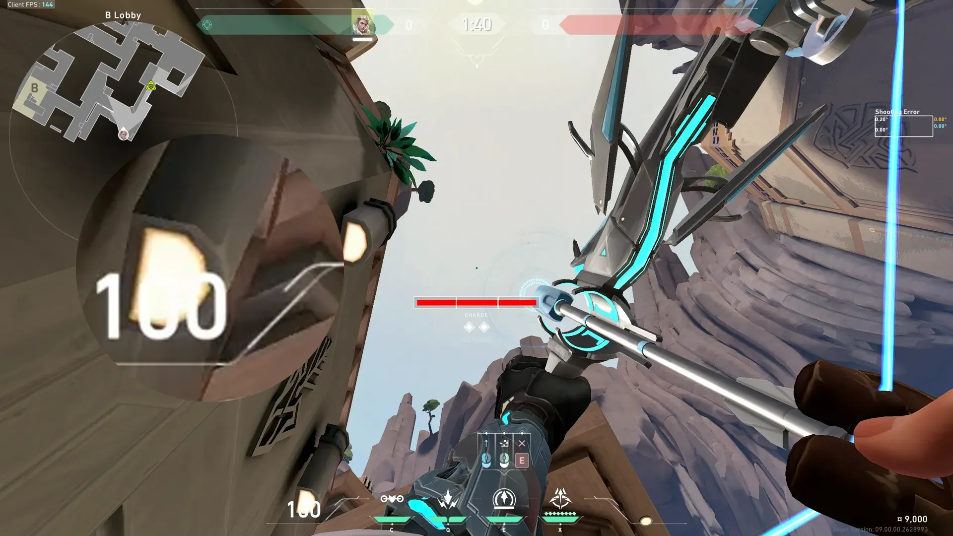 Sova Recon Bolt on Abyss Defense Site B — step 2 of 3: Aim — line up the shot