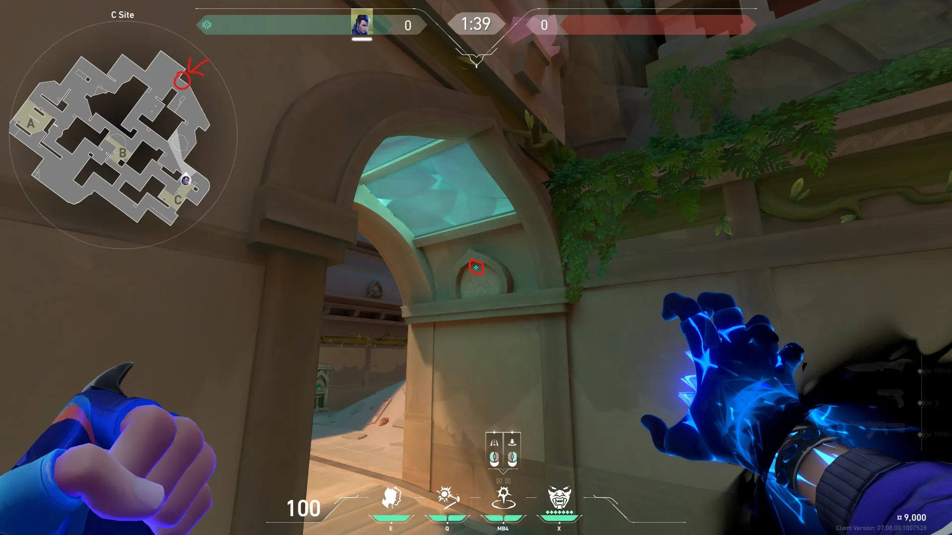 Yoru Gatecrash on Lotus Defense Mid — step 1 of 2: Position — where to stand