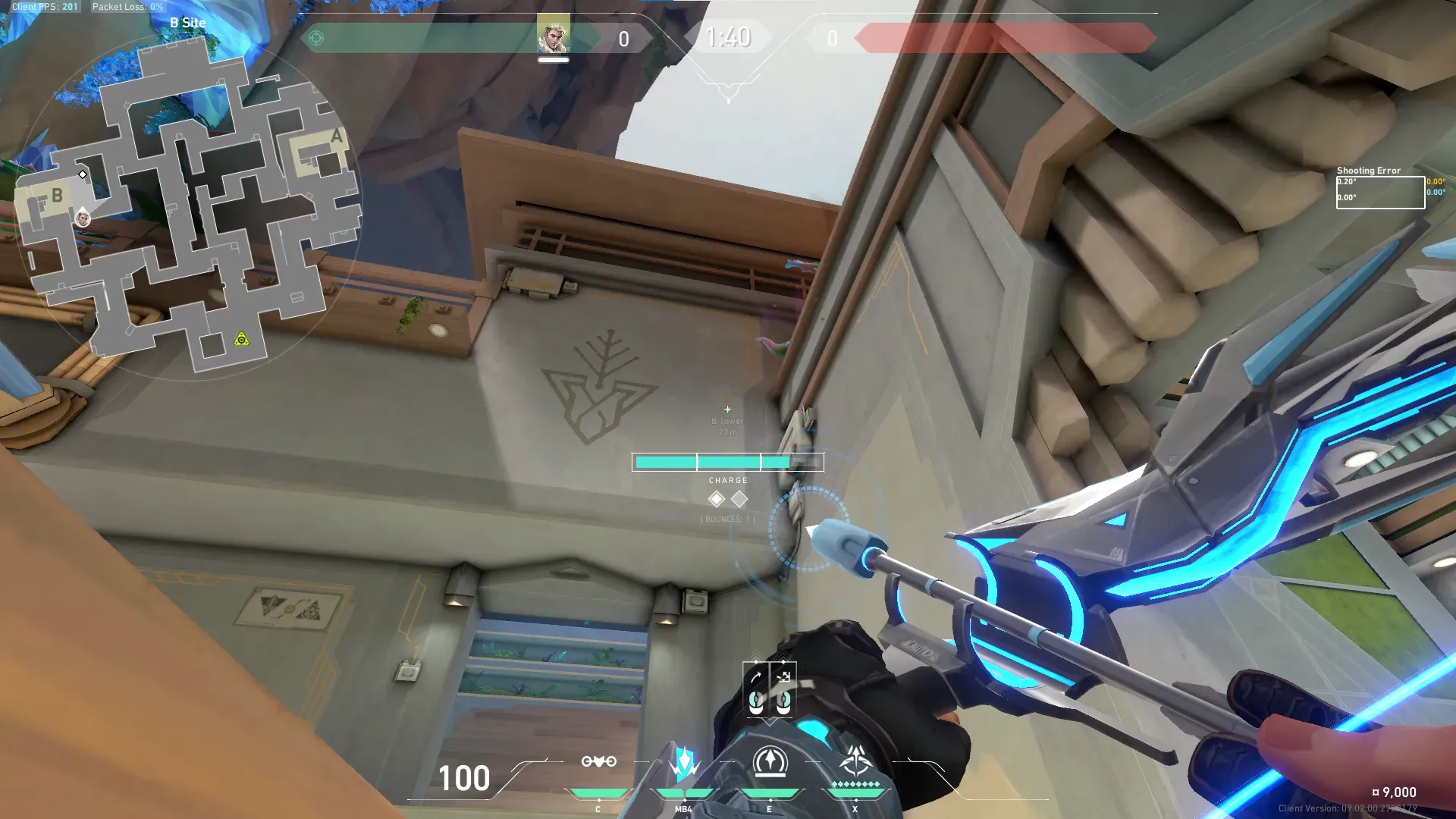Sova Recon Bolt on Abyss Defense Site B — step 2 of 3: Aim — line up the shot