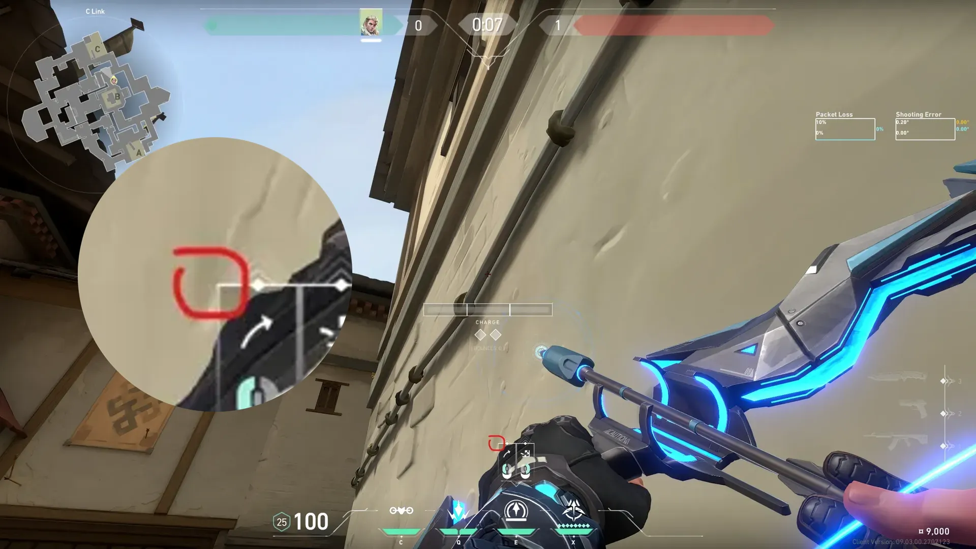 Sova Recon Bolt on Haven Defense Site C — step 2 of 3: Aim — line up the shot