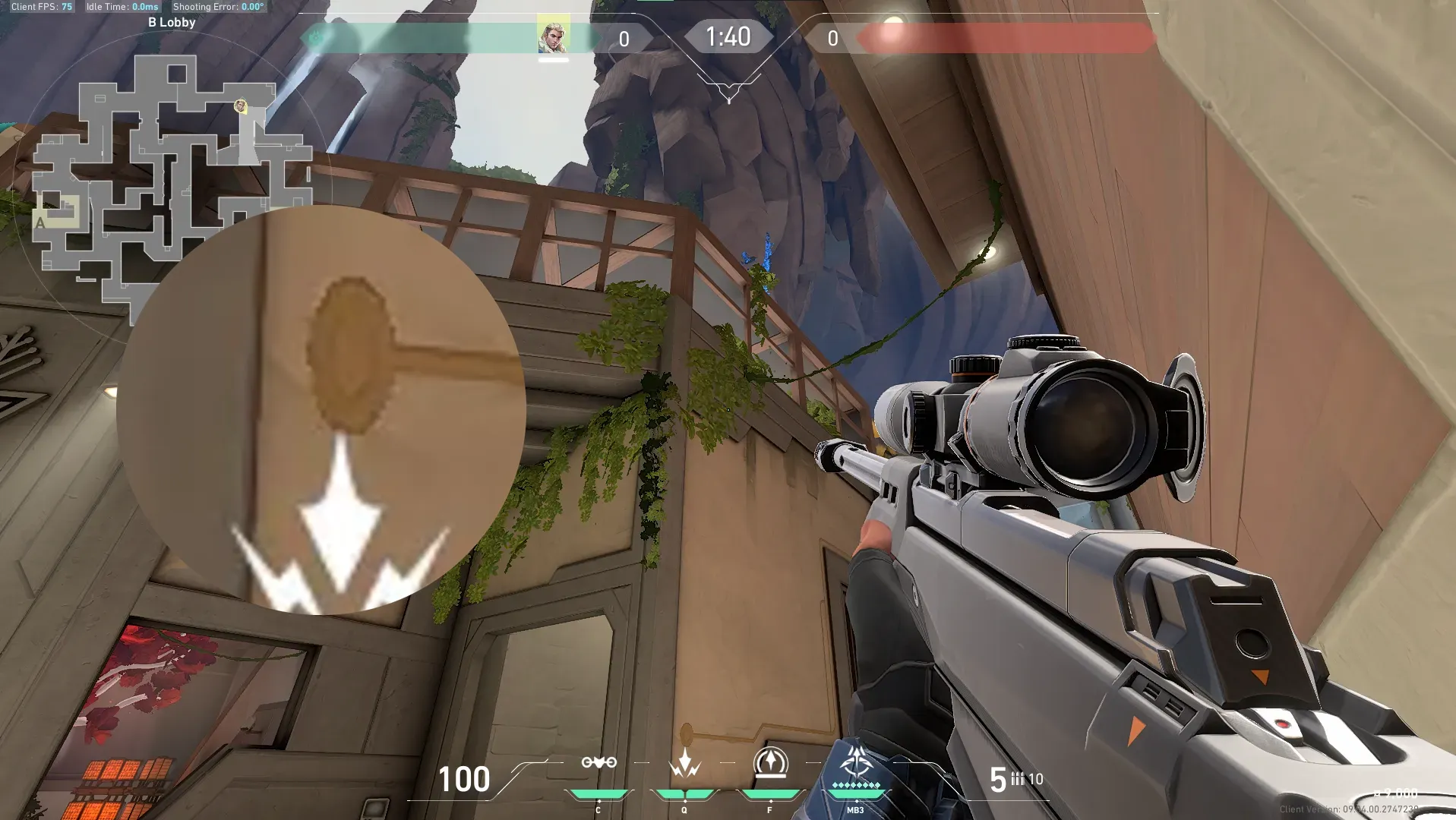 Sova Recon Bolt on Abyss Attack Site B — step 3 of 5: Aim — line up the shot