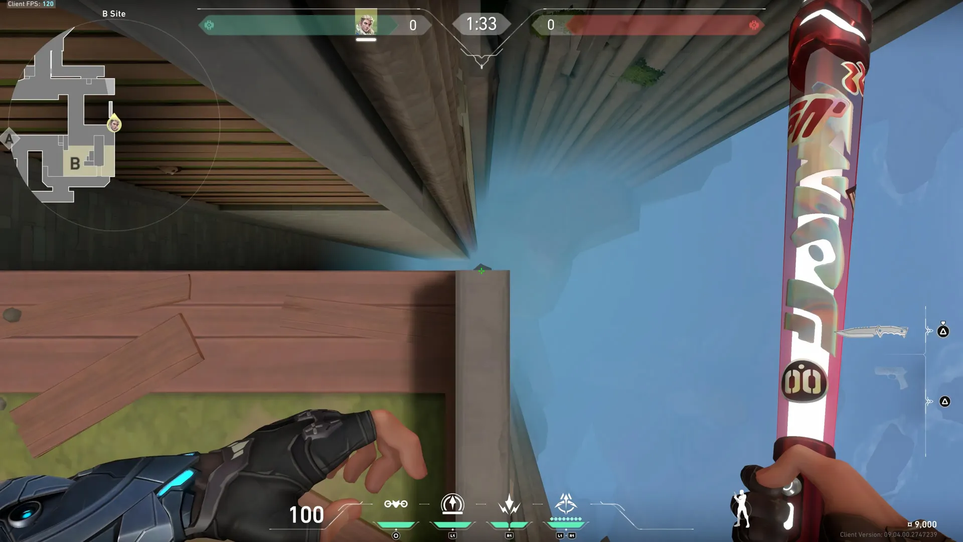 Sova Recon Bolt on Abyss Defense Site A — step 2 of 5: Aim — line up the shot