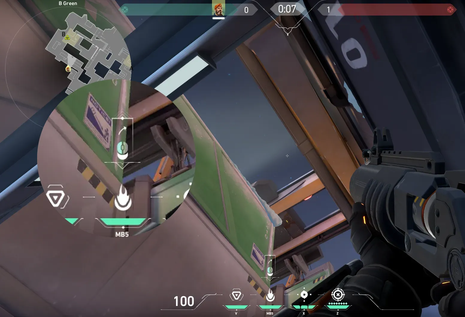 Brimstone Incendiary on Icebox Attack Site B — step 2 of 3: Aim — line up the shot