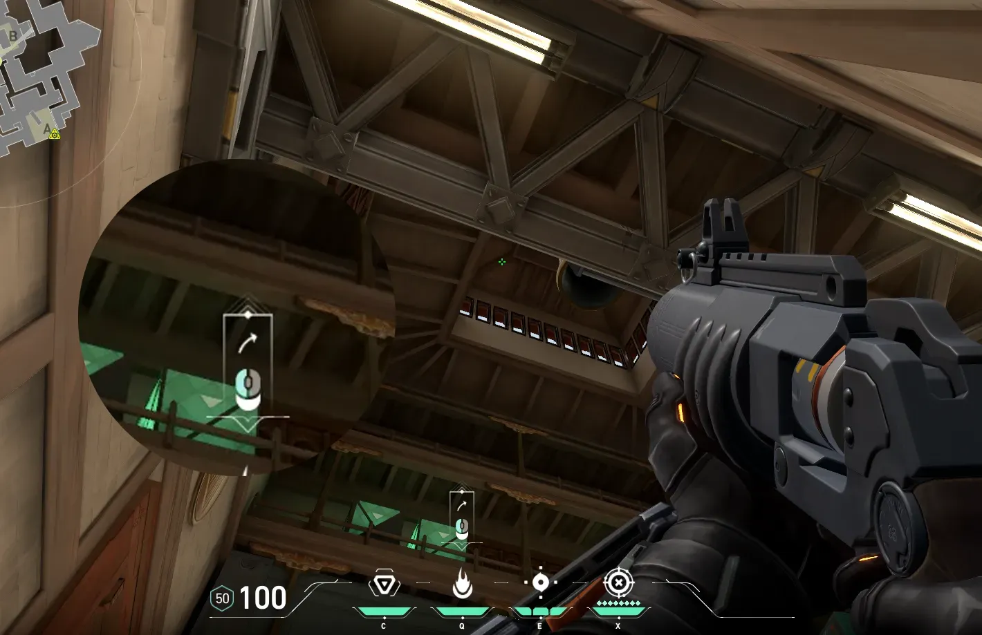 Brimstone Incendiary on Haven Defense Site C — step 2 of 3: Aim — line up the shot