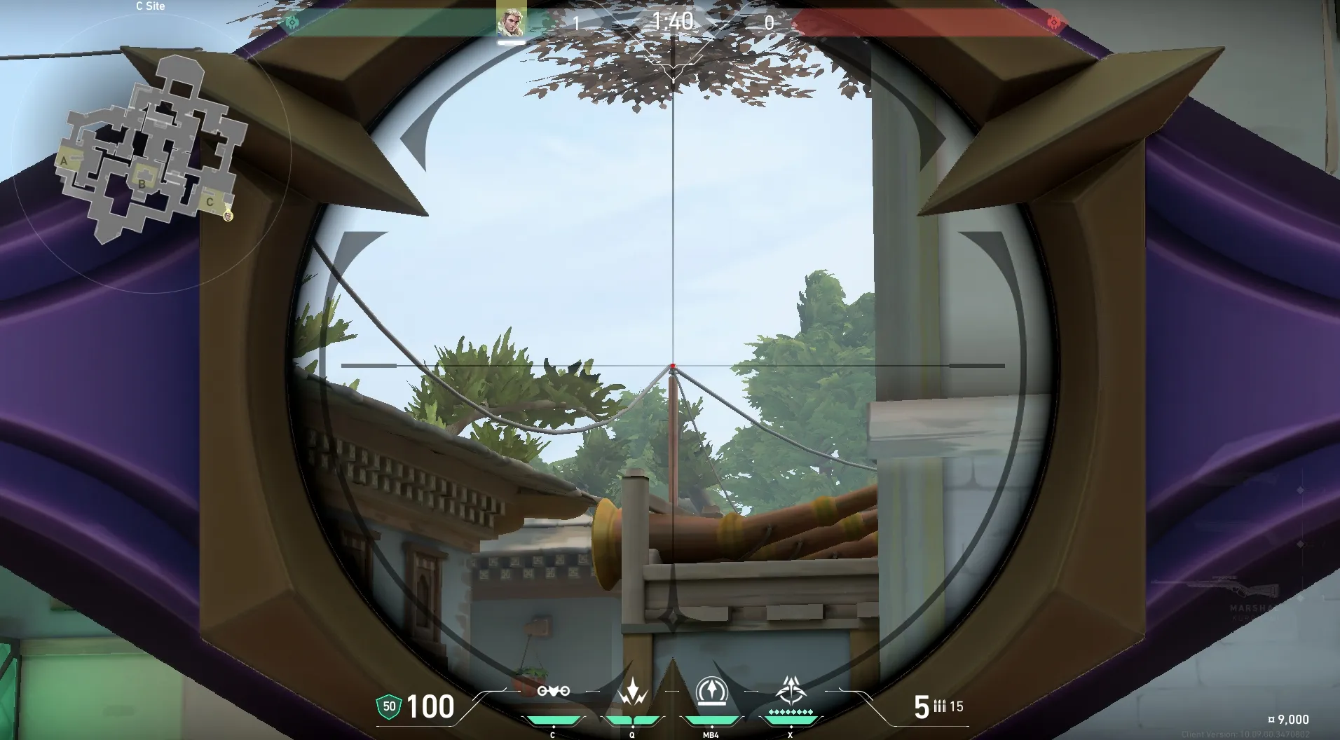 Sova Recon Bolt on Haven Defense Site C — step 3 of 4: Aim — line up the shot