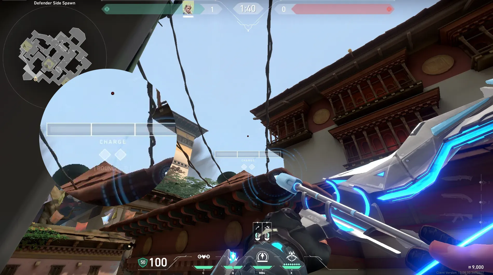 Sova Recon Bolt on Haven Defense Site A — step 2 of 3: Aim — line up the shot