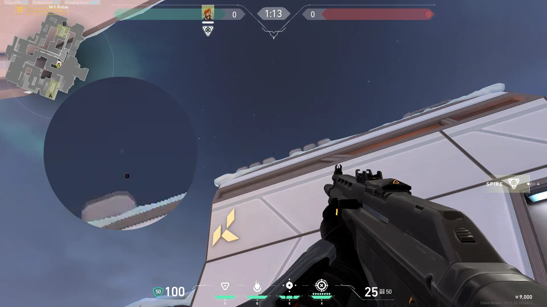 Brimstone Incendiary on Icebox Defense Site B — step 2 of 3: Aim — line up the shot
