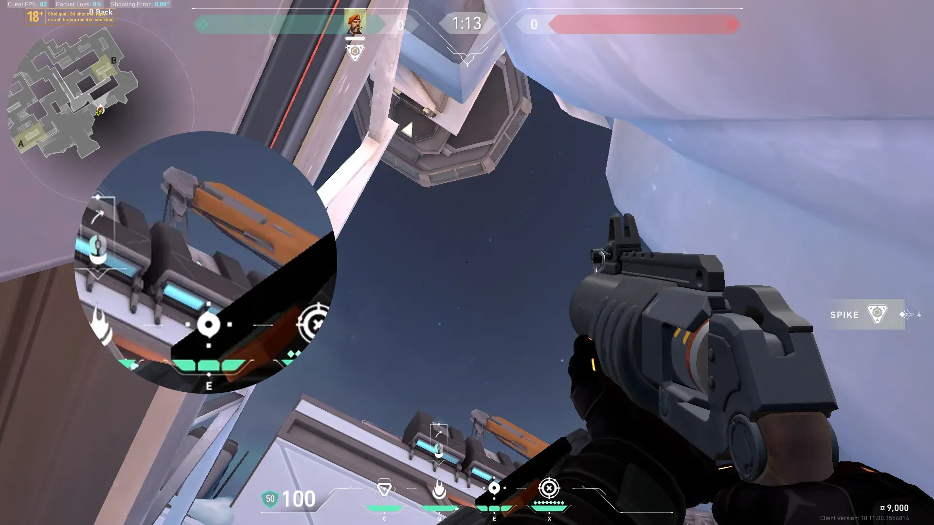 Brimstone Incendiary on Icebox Defense Site B — step 2 of 3: Aim — line up the shot