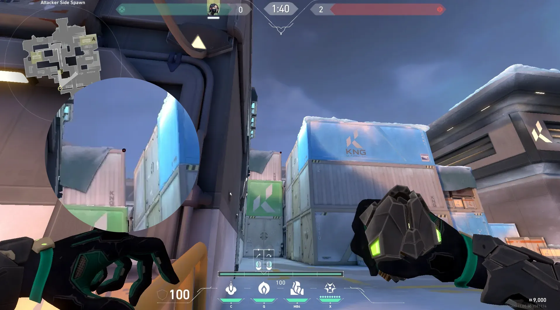 Viper Poison Cloud on Icebox Attack Mid — step 2 of 4: Aim — line up the shot