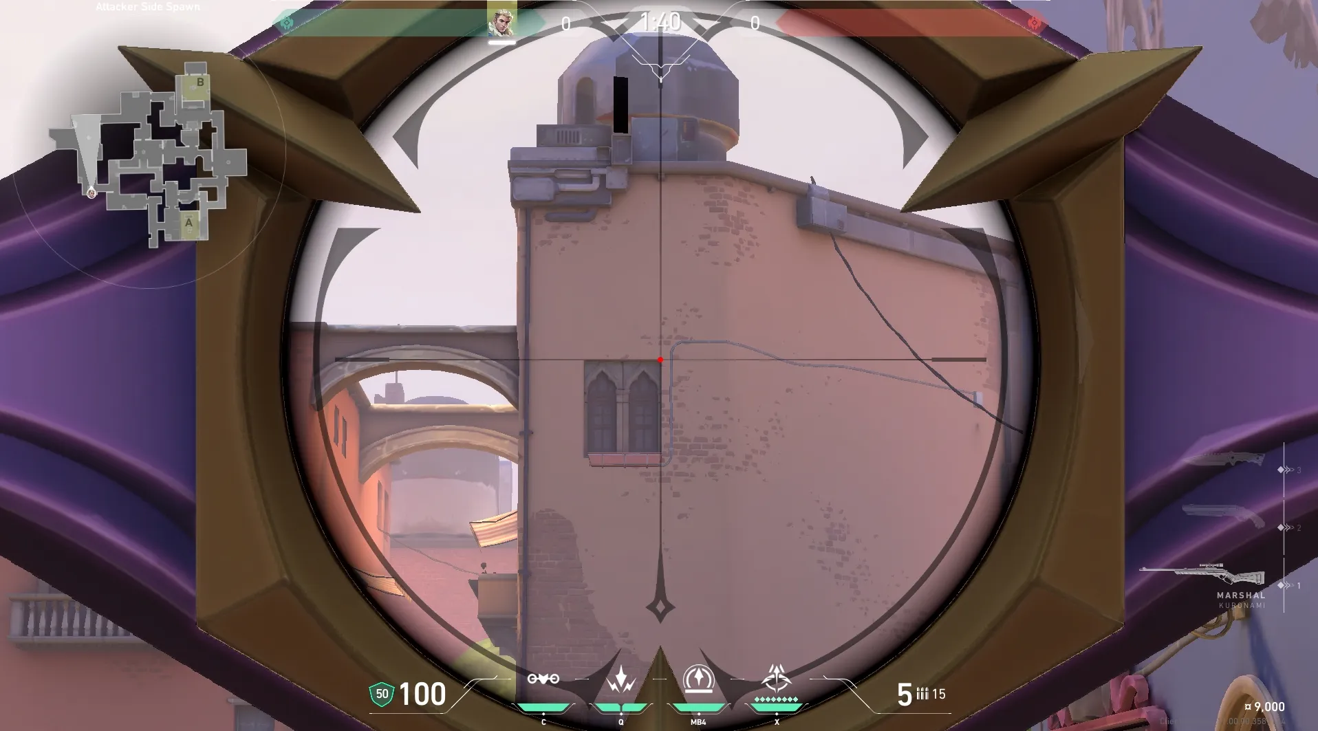 Sova Recon Bolt on Ascent Attack Site B — step 4 of 6: Aim — line up the shot