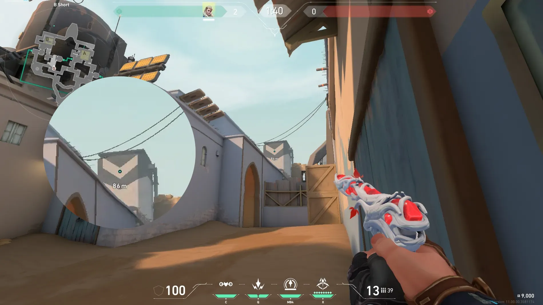 Sova Recon Bolt on Bind Attack Site B — step 2 of 4: Aim — line up the shot