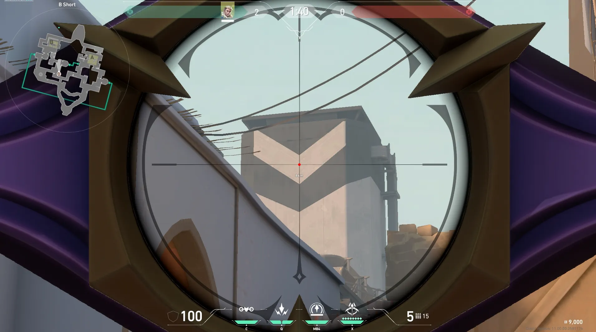 Sova Recon Bolt on Bind Attack Site B — step 3 of 4: Aim — line up the shot