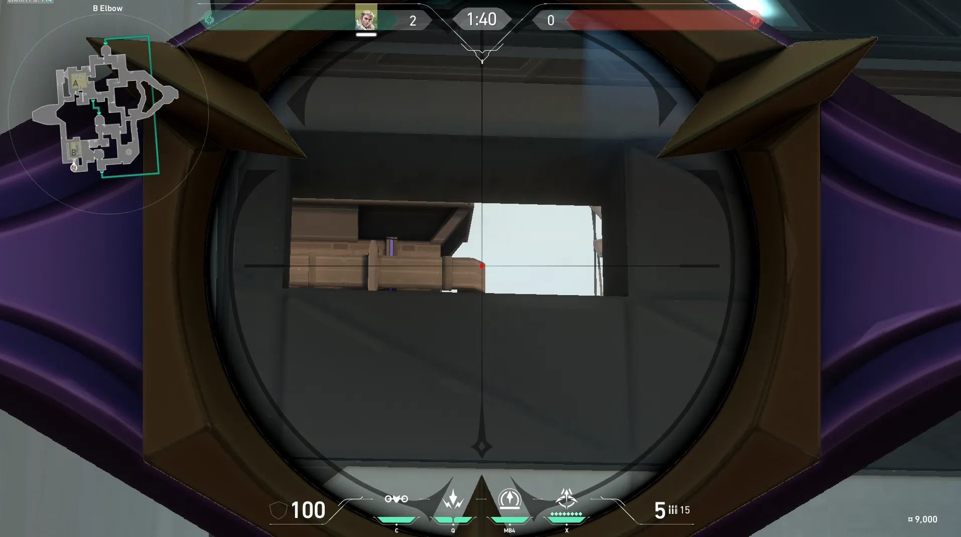 Sova Recon Bolt on Bind Defense Site B — step 3 of 4: Aim — line up the shot