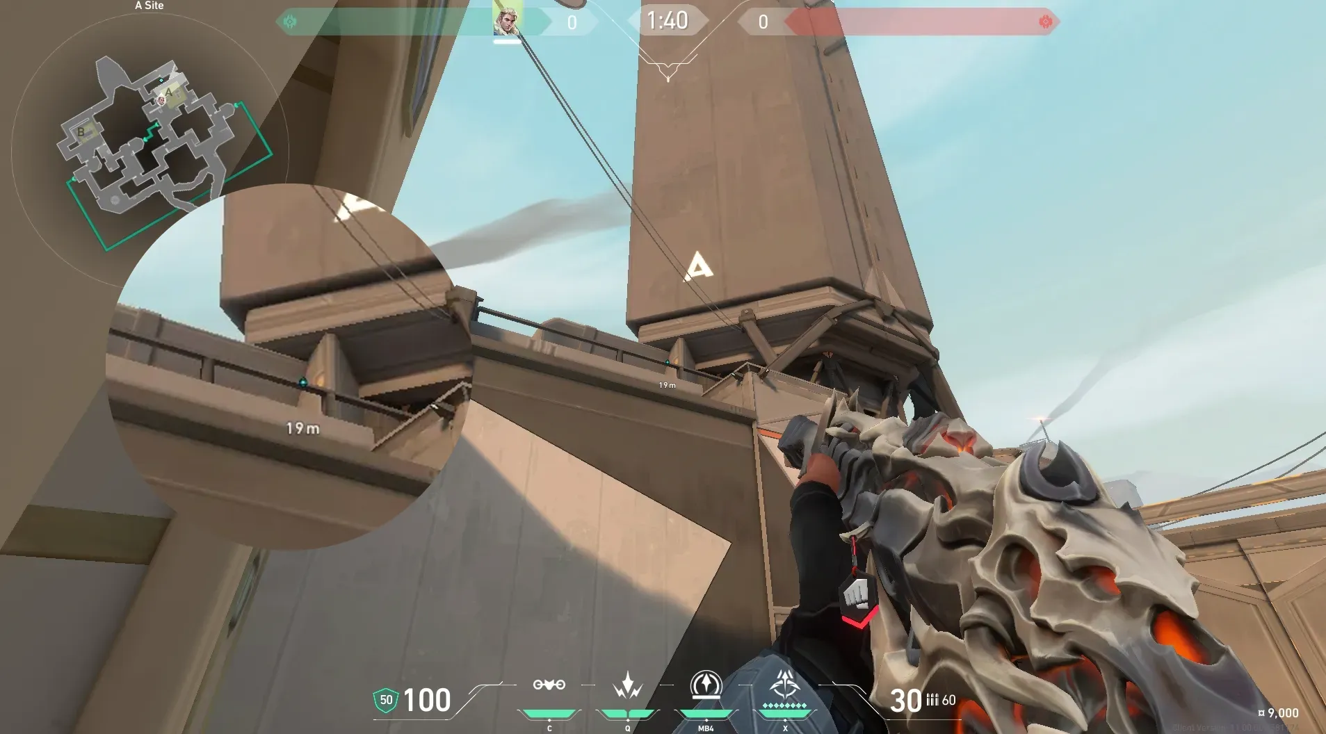 Sova Recon Bolt on Bind Defense Site A — step 2 of 5: Aim — line up the shot