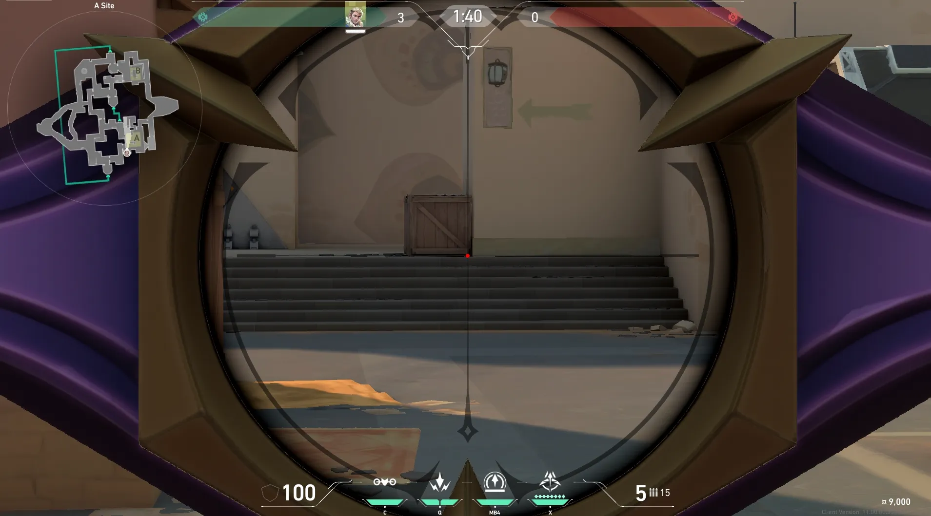 Sova Recon Bolt on Bind Defense Site B — step 3 of 5: Aim — line up the shot