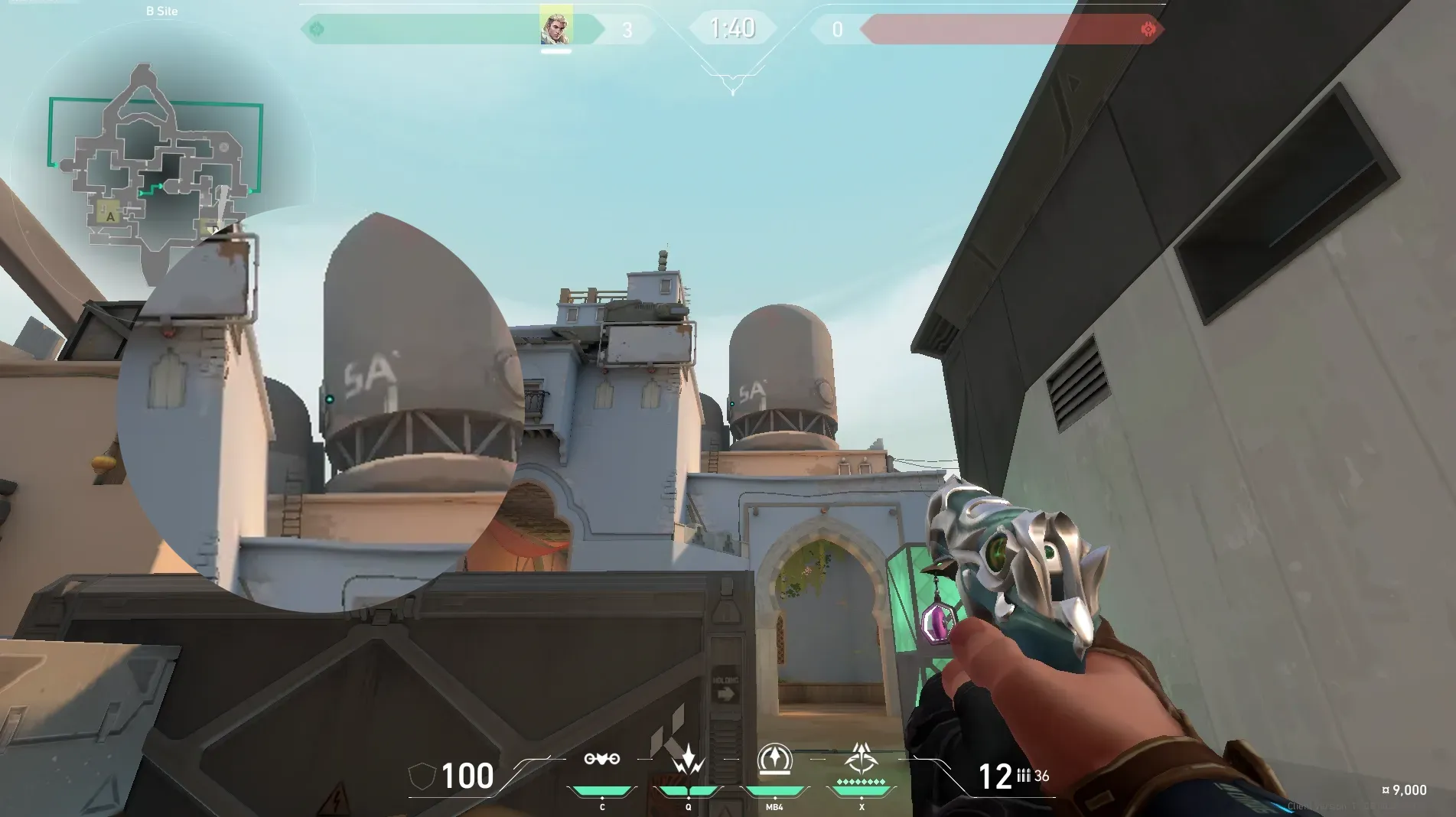Sova Recon Bolt on Bind Defense Site B — step 2 of 4: Aim — line up the shot