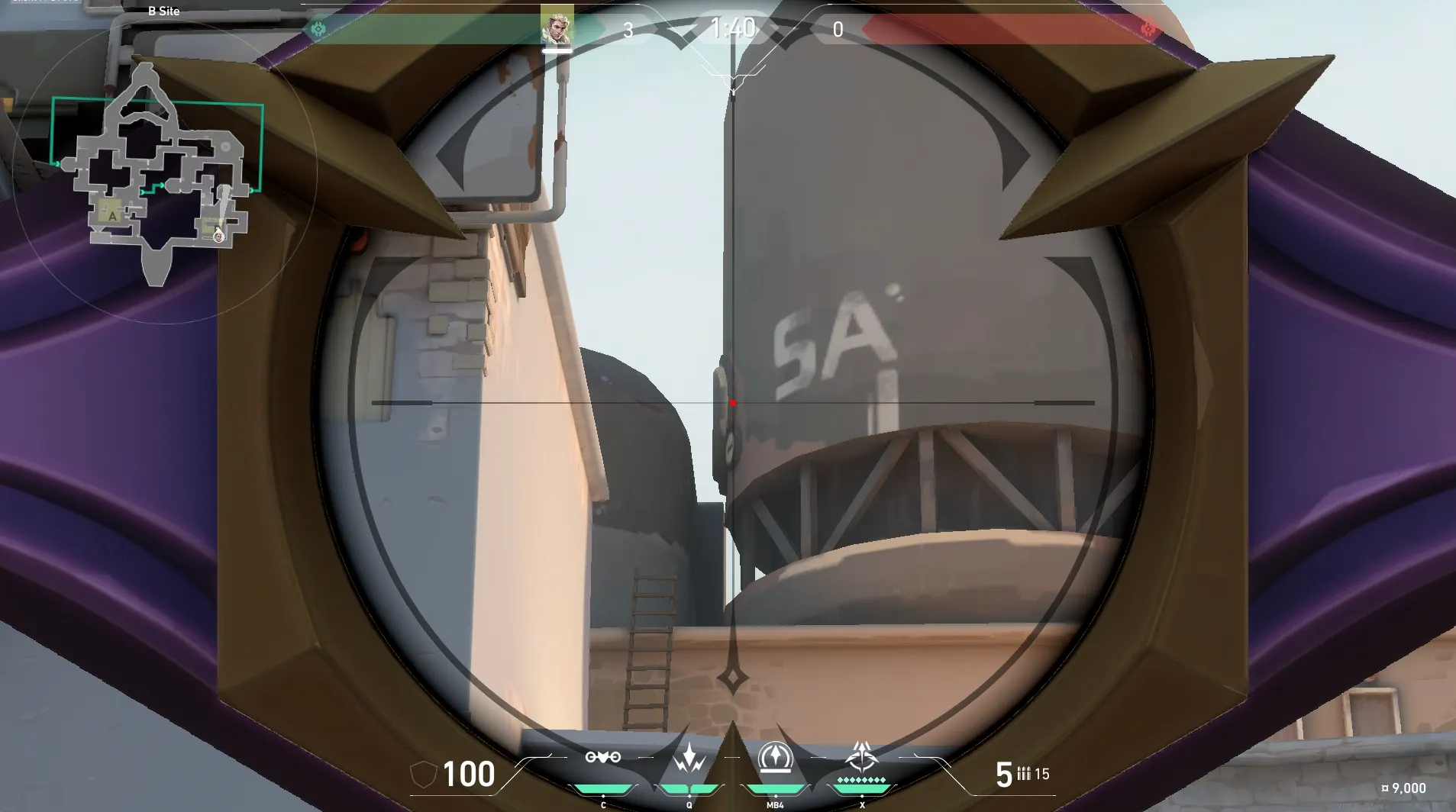 Sova Recon Bolt on Bind Defense Site B — step 3 of 4: Aim — line up the shot