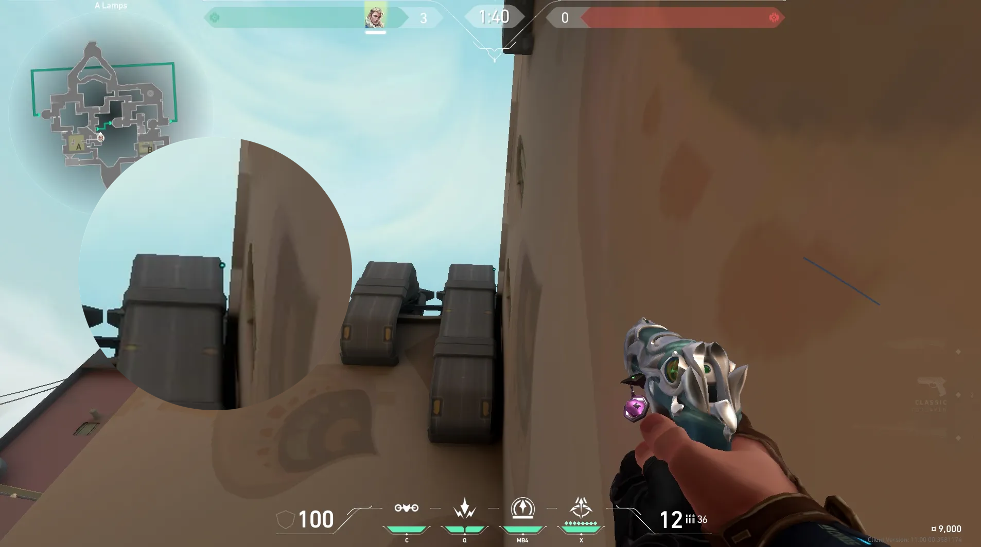 Sova Recon Bolt on Bind Defense Site B — step 2 of 4: Aim — line up the shot
