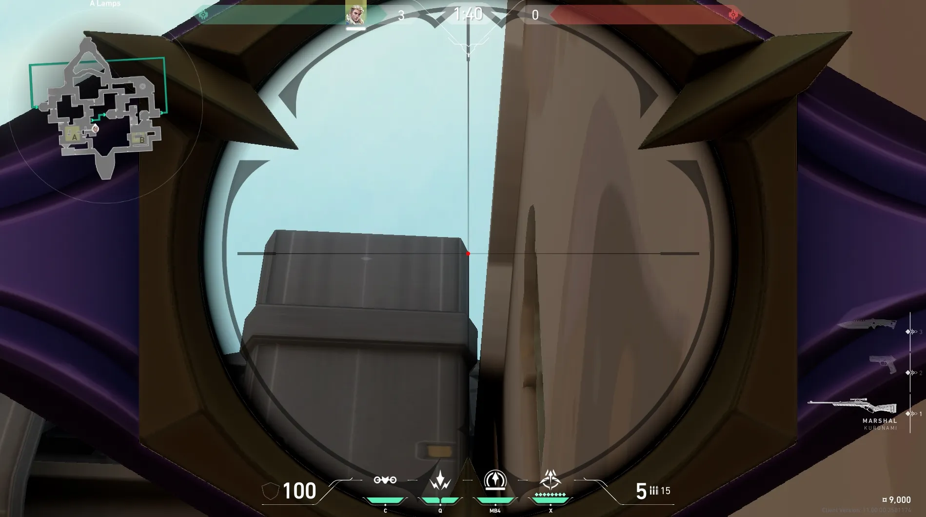 Sova Recon Bolt on Bind Defense Site B — step 3 of 4: Aim — line up the shot
