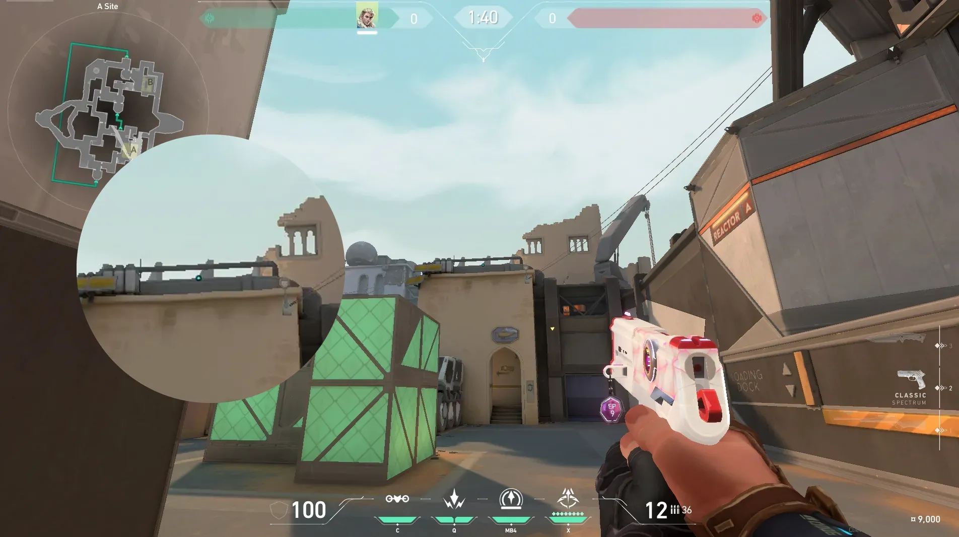 Sova Recon Bolt on Bind Defense Site B — step 2 of 5: Aim — line up the shot
