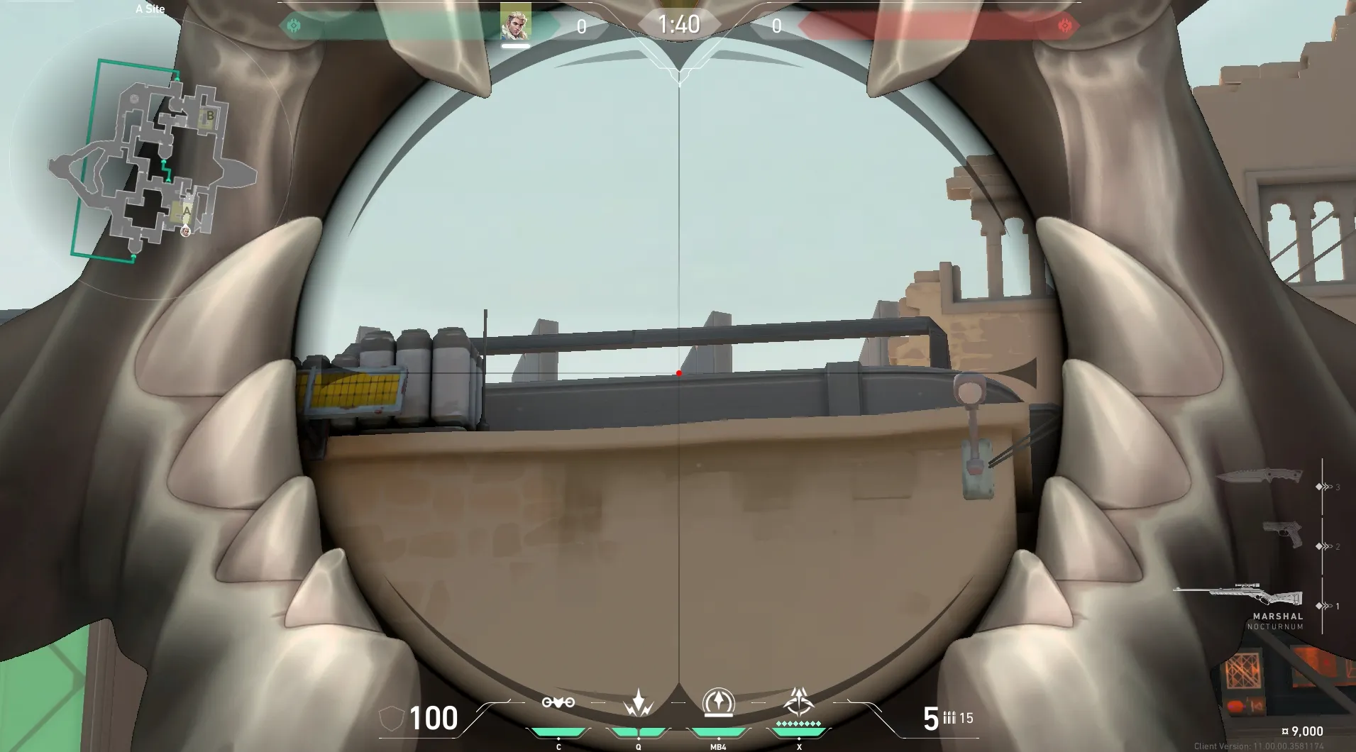 Sova Recon Bolt on Bind Defense Site B — step 3 of 5: Aim — line up the shot
