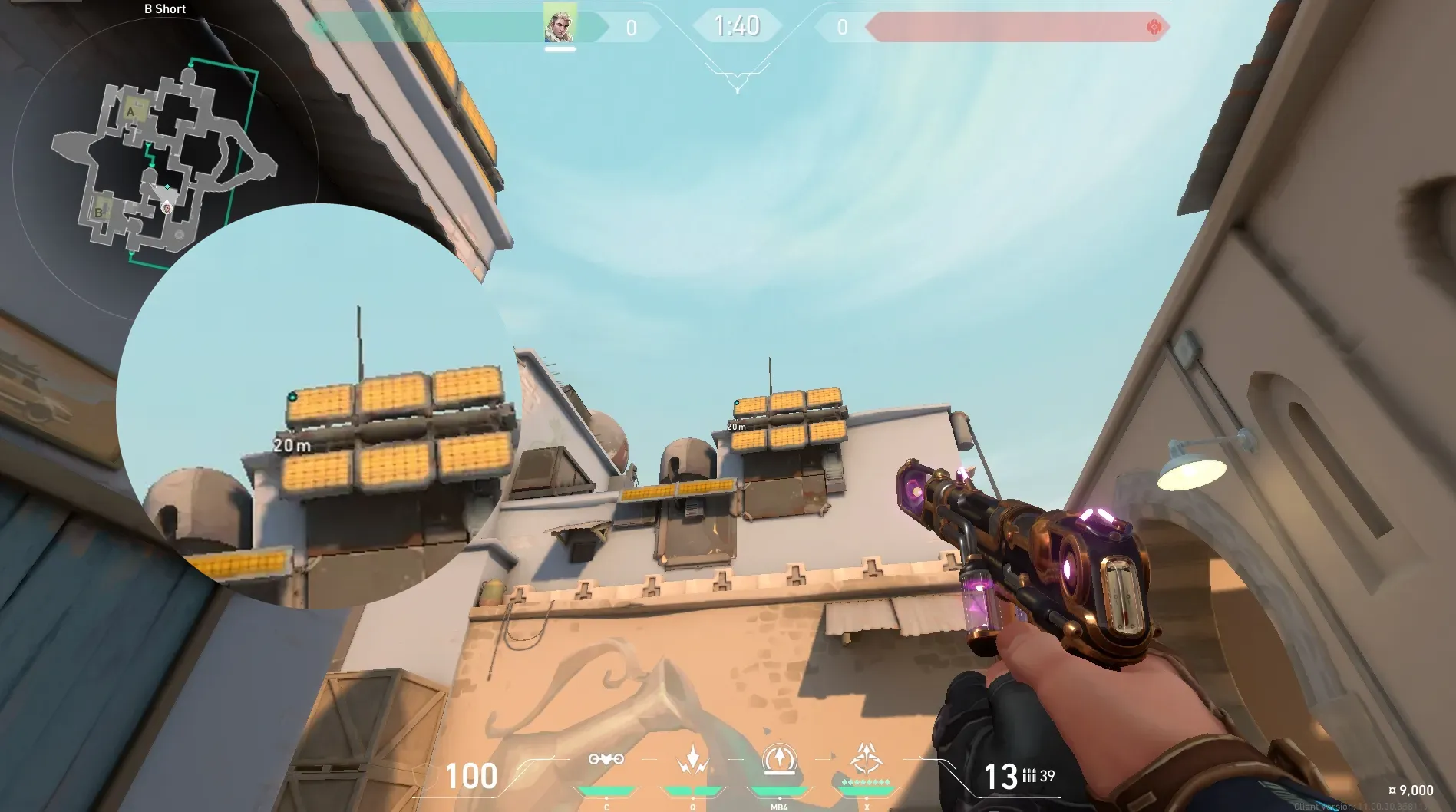Sova Recon Bolt on Bind Attack Site B — step 3 of 6: Aim — line up the shot