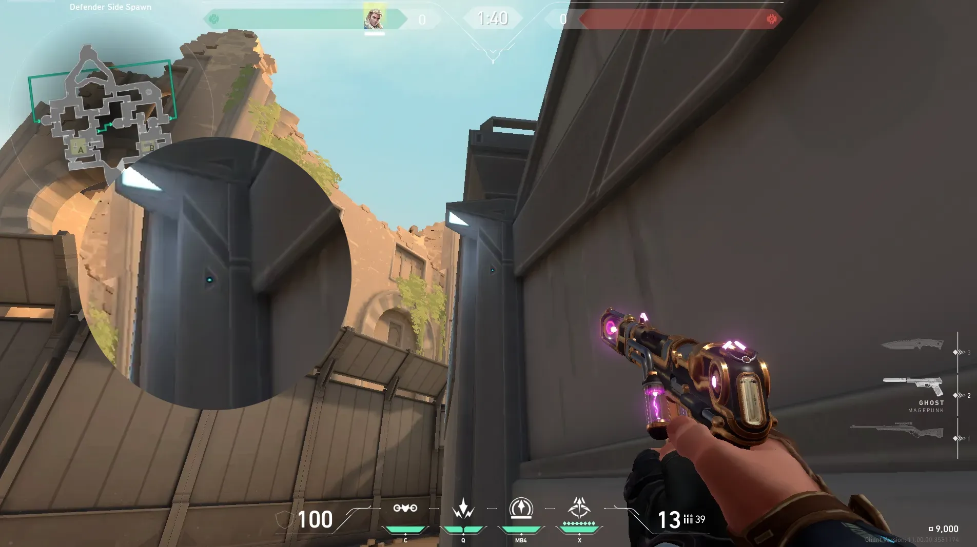 Sova Recon Bolt on Bind Defense Site B — step 2 of 4: Aim — line up the shot