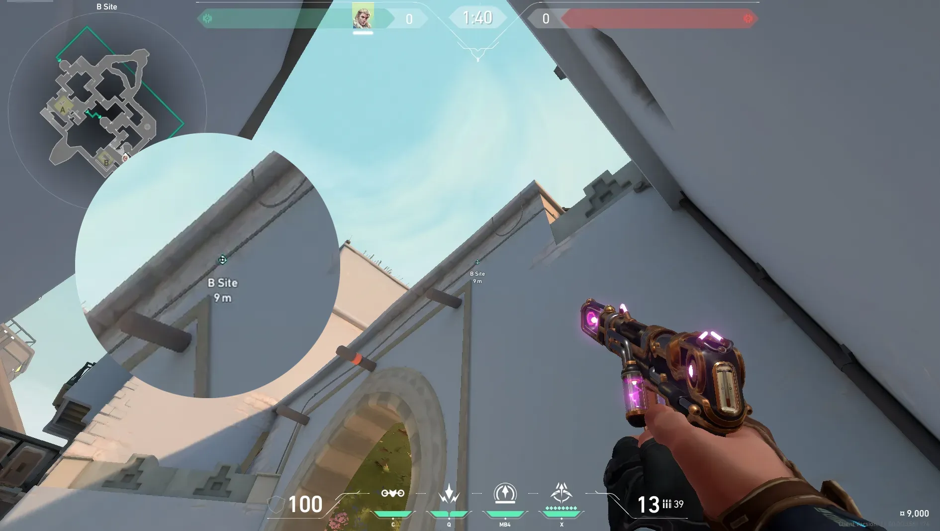 Sova Recon Bolt on Bind Defense Site B — step 2 of 6: Aim — line up the shot