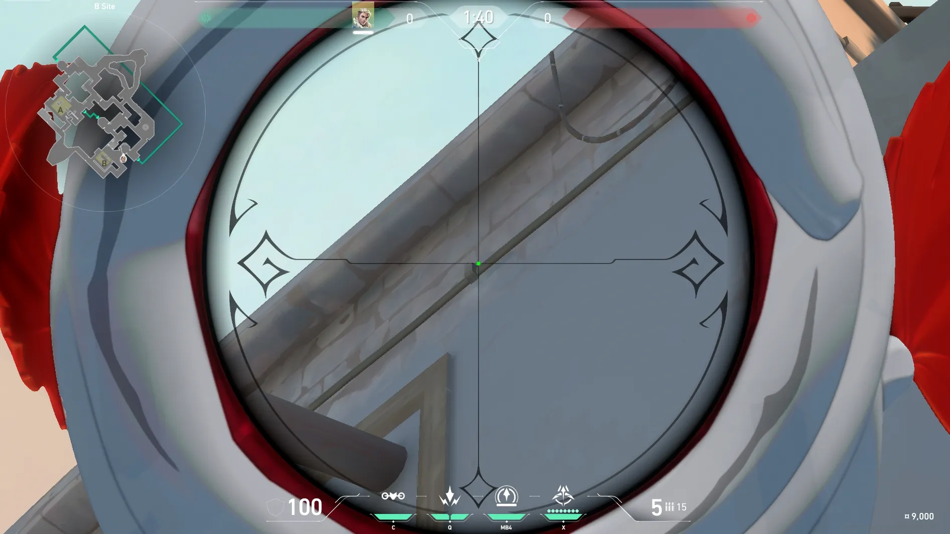 Sova Recon Bolt on Bind Defense Site B — step 3 of 6: Aim — line up the shot