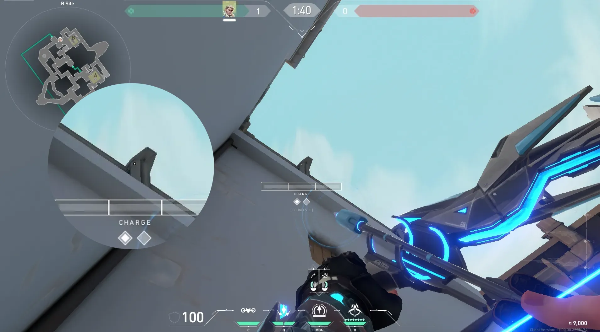 Sova Recon Bolt on Bind Defense Site B — step 2 of 3: Aim — line up the shot