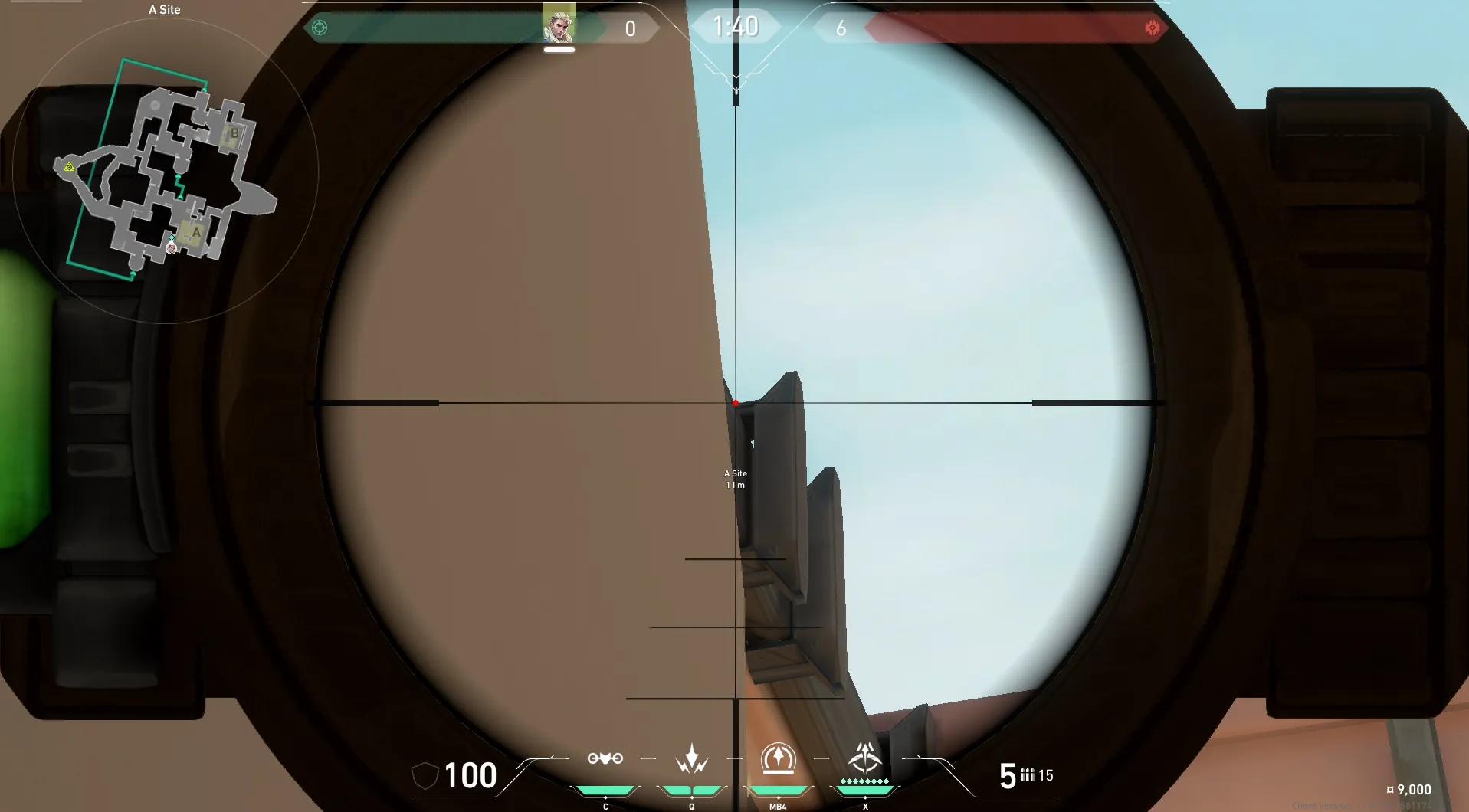 Sova Recon Bolt on Bind Defense Site B — step 3 of 4: Aim — line up the shot
