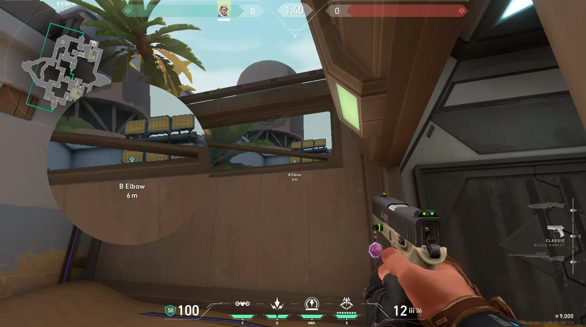 Sova Recon Bolt on Bind Defense Site B — step 2 of 4: Aim — line up the shot