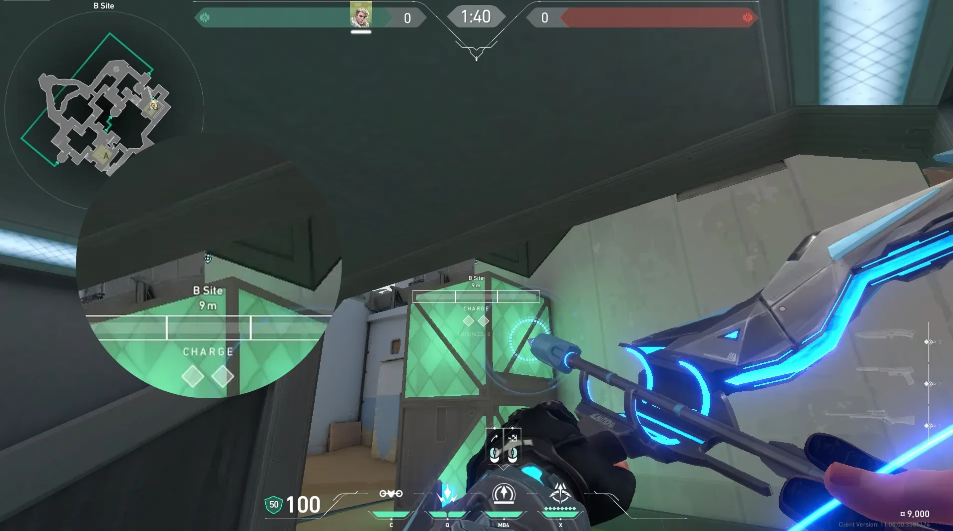 Sova Recon Bolt on Bind Defense Site B — step 2 of 3: Aim — line up the shot
