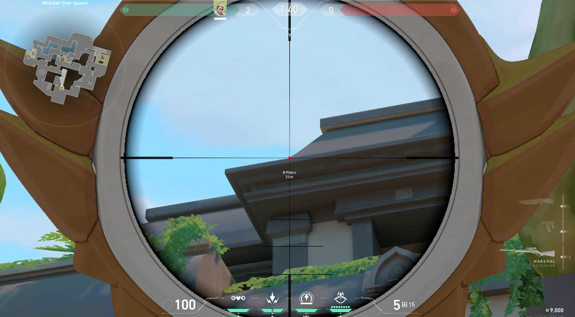 Sova Recon Bolt on Lotus Attack Site B — step 3 of 5: Aim — line up the shot