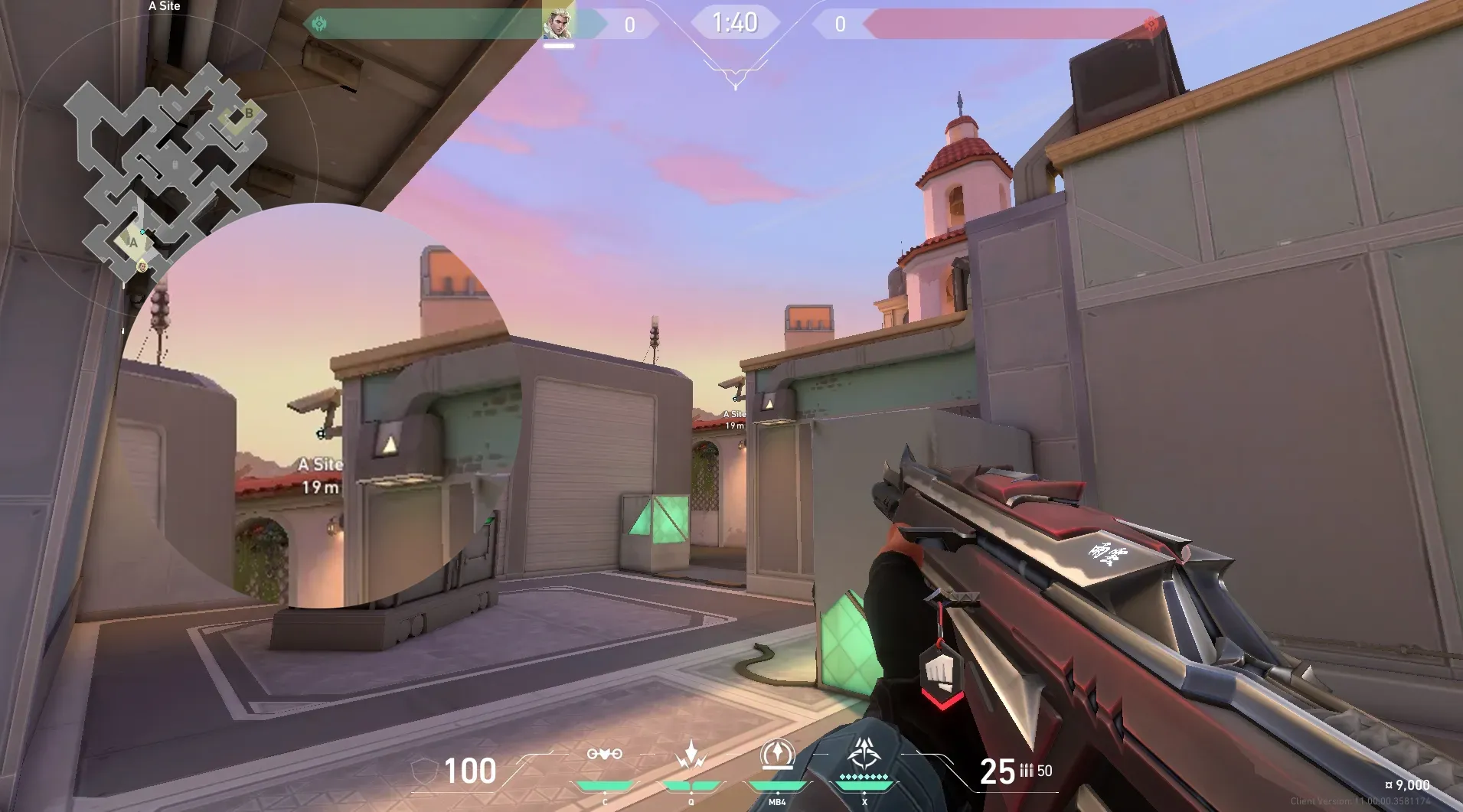 Sova Recon Bolt on Sunset Defense Site B — step 2 of 5: Aim — line up the shot