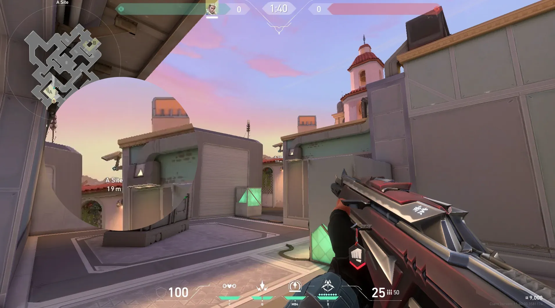 Sova Shock Bolt on Sunset Defense Site B — step 2 of 6: Aim — line up the shot