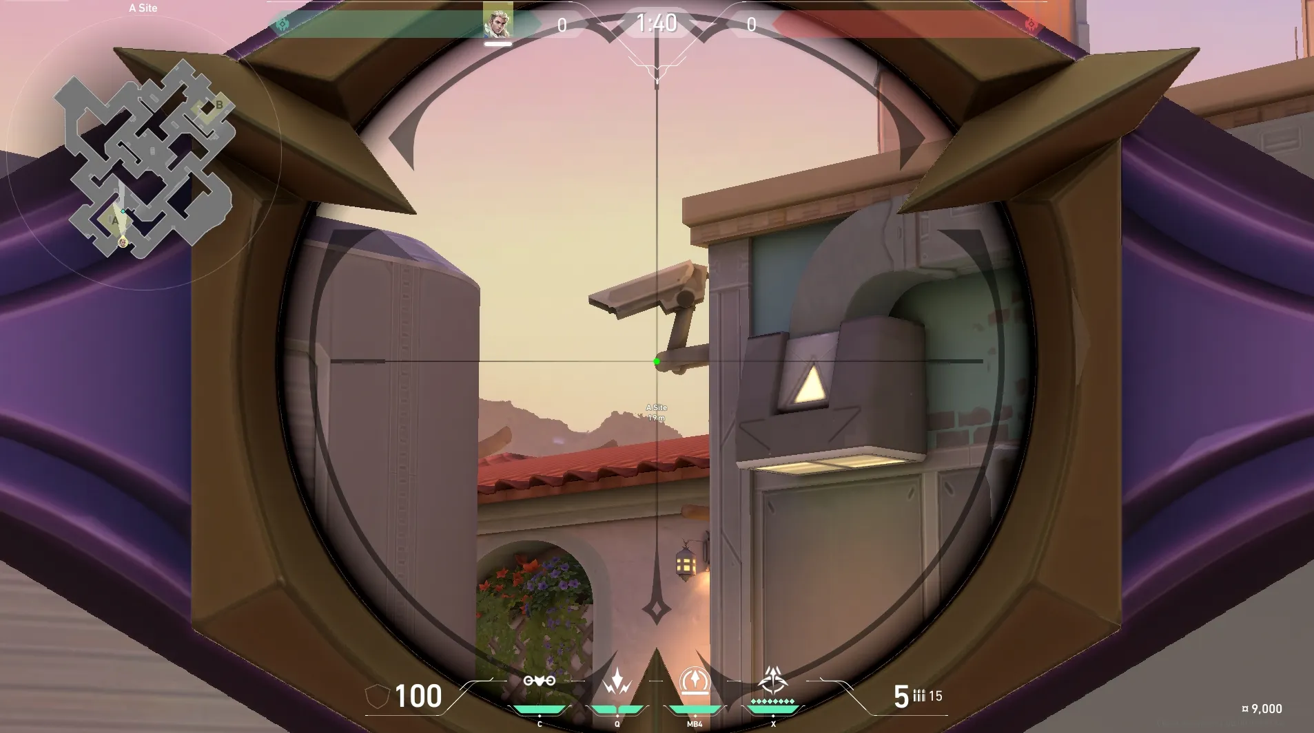 Sova Shock Bolt on Sunset Defense Site B — step 3 of 6: Aim — line up the shot