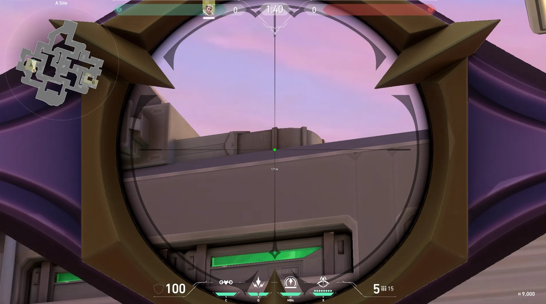 Sova Recon Bolt on Sunset Defense Site A — step 3 of 6: Aim — line up the shot